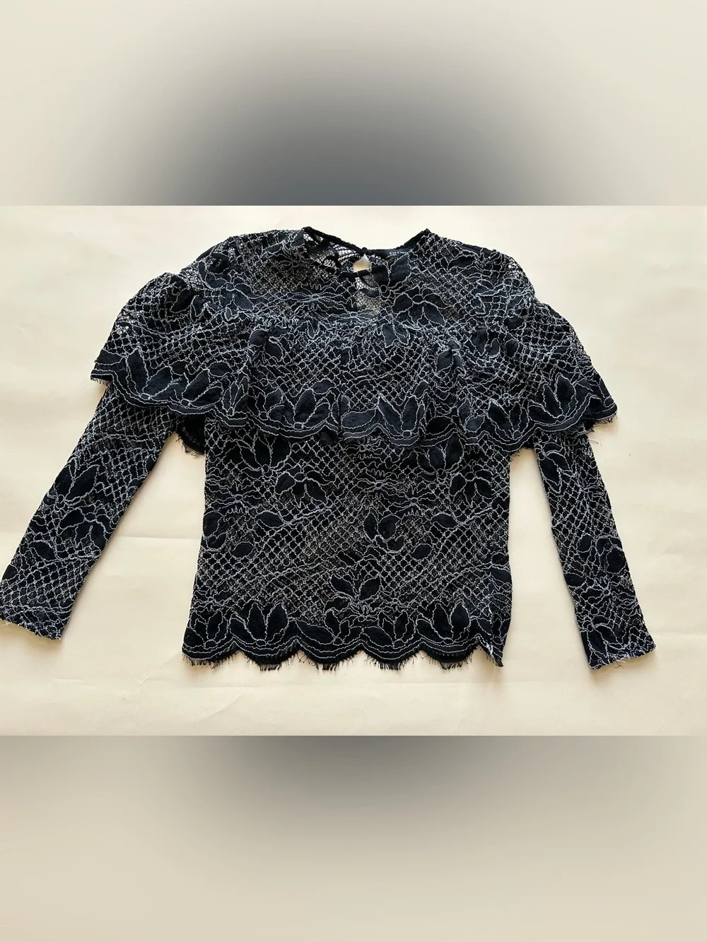 Zara Black Floral Lace Long-Sleeve Top with Ruffle Yoke size XS